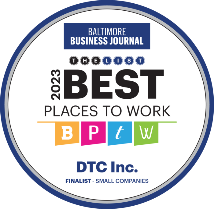 A badge for the Baltimore Business Journals 2023 Best Places to Work with DTC as a Finalist