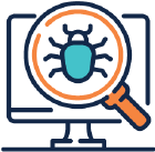 An illustration of a magnifying glass hovering over a computer screen showing a bug, the icon for the malicious attack of Virus