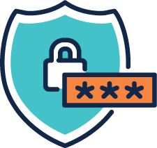 A Cyan shield with a lock on it and a protected password, protect personal information