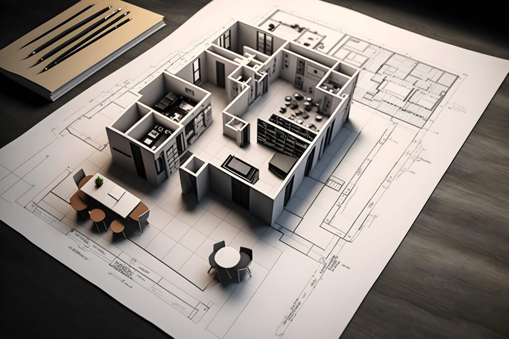 3d modelled building pops up over the 2 dimensional floor plan drawing.-building a startup-starting your practice