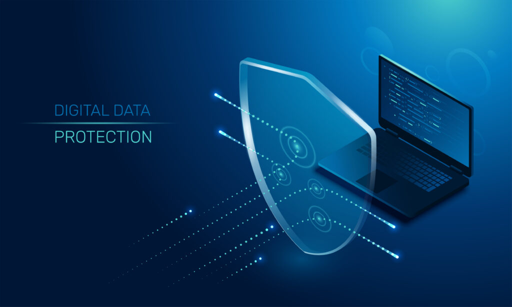 isometric vector image on a dark background, a transparent shield covering the laptop from virus attacks, protection of digital data