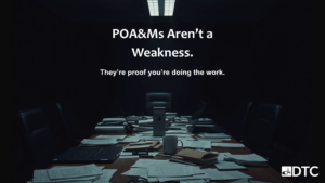 POA&M compliance strategy — government contractor conference room with documents and laptops representing CMMC Plan of Action and Milestones