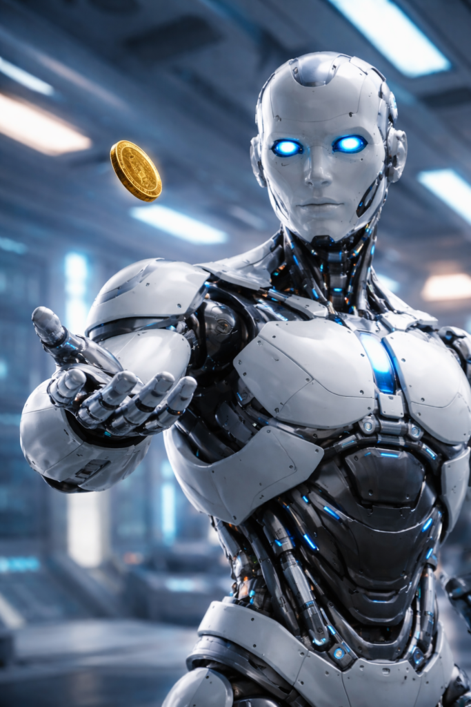 Robot agent tossing a coin to show two sides of AI
